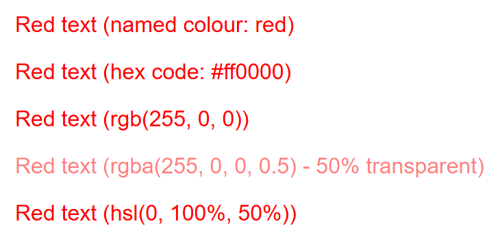 Rendered output: five lines of red text reading "Red text" followed by the format used — the named, hex, and rgb lines are the same solid red, the rgba line is a lighter pink from its 50% transparency, and the hsl line is solid red again
