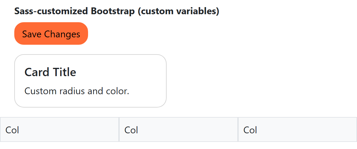 Rendered output: the same button now orange, the same card with visibly more rounded corners, and the same three grid columns now with a noticeably wider gap between them — all from the three variable overrides above, and no other markup or CSS changes