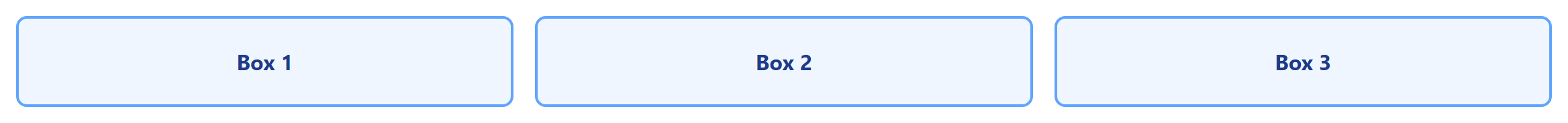 Rendered output: three light blue boxes labeled Box 1, Box 2, and Box 3 arranged side by side in a row, at a wide desktop width above the md breakpoint