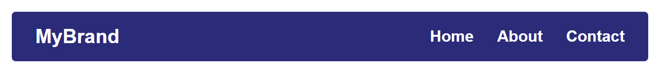 Rendered output: a dark blue horizontal navbar with the bold white text "MyBrand" on the far left and three links, Home, About, and Contact, evenly spaced on the far right, all vertically centered within the bar