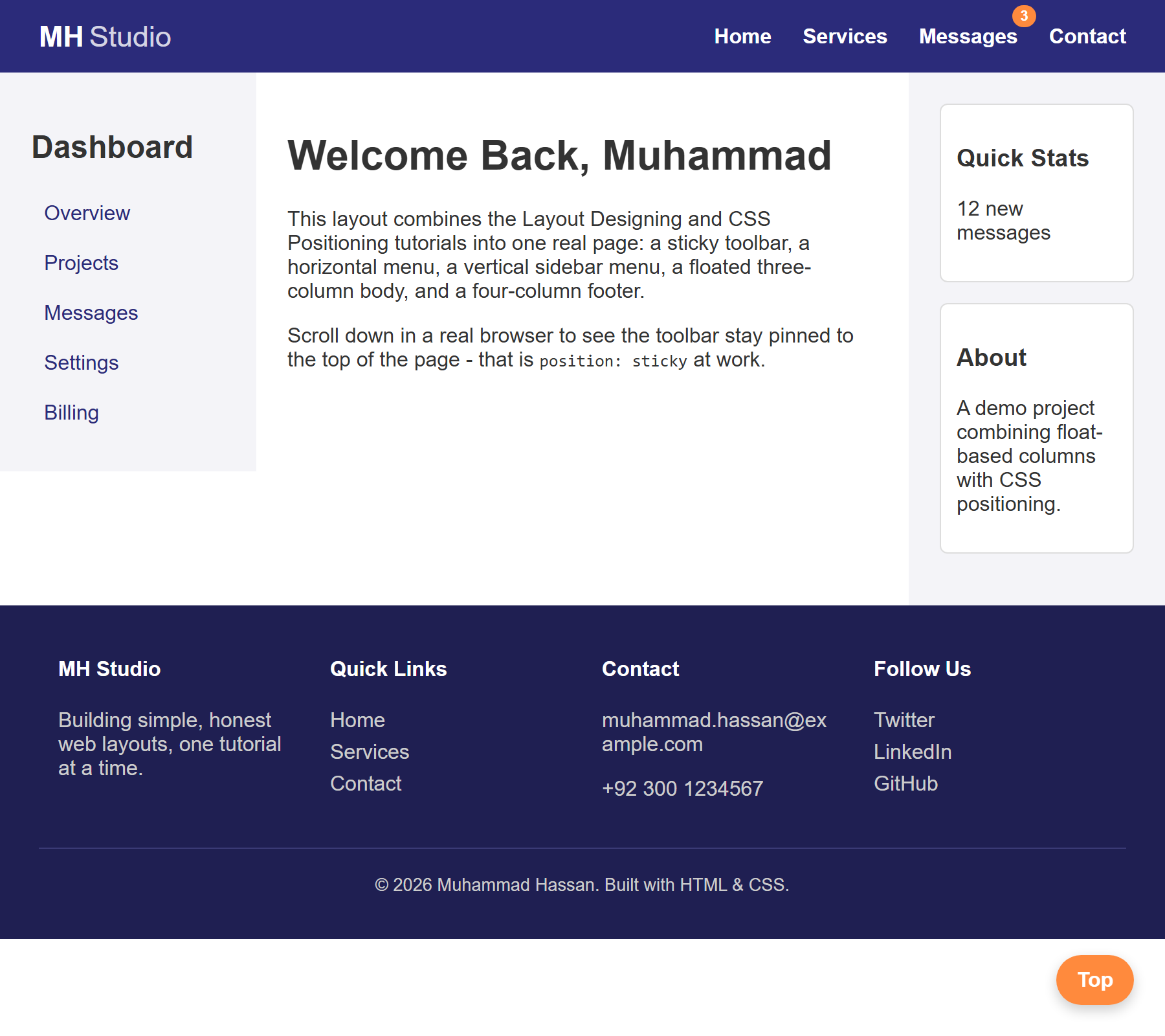 Rendered output: the complete page showing the sticky dark blue toolbar with logo and horizontal menu with badge, the three-column body below it with a vertical sidebar menu, main content, and widgets, the four-column dark footer, and an orange "Top" button fixed in the bottom-right corner of the browser window