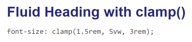 Rendered output: the same heading "Fluid Heading with clamp()" now noticeably smaller, at a mobile width where the heading has clamped to its 1.5rem minimum size